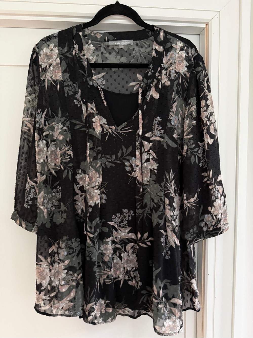 Daniel Rainn Black Floral Sheer Layered Tunic with Pink and Sage Accents